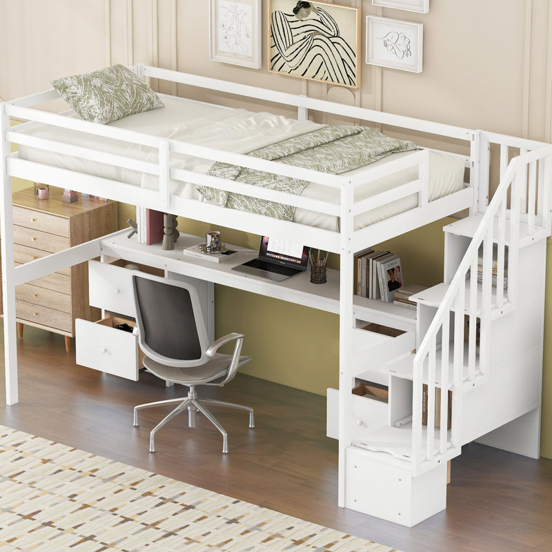 Lit mezzanine simple en blanc avec bureau et double rangement - Bois de pin pour un espace de repos relaxant, Blanc