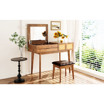 Meuble-lavabo classique en bois brun de 43,3 po avec miroir rabattable, tabouret et trois tiroirs pour optimiser l'espace de rangement en bois