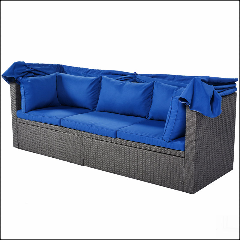 Lit de jour d'extérieur rectangulaire pour patio avec auvent rétractable, Bleu