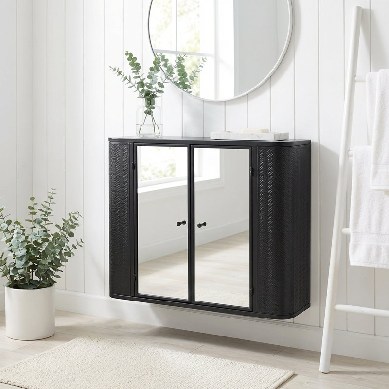 Armoire de salle de bain murale avec deux portes en miroir et une tablette ouverte