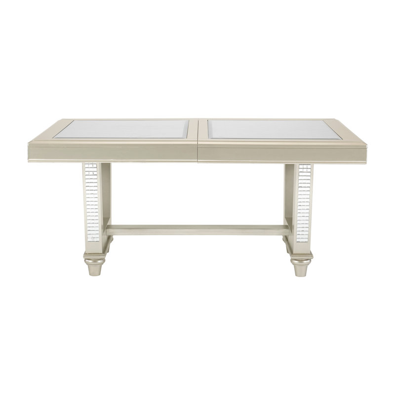 Table de salle à manger en verre avec finition champagne, rallonge séparée, 6 sièges pour un style moderne