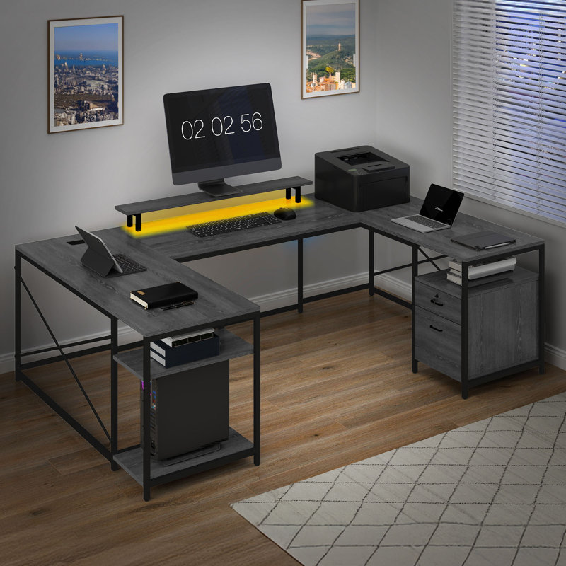  U-Shaped Desk With Power Outlets & LED Lights, Reversible Computer Desk With Storage Drawers & Shelves, Gray/Black