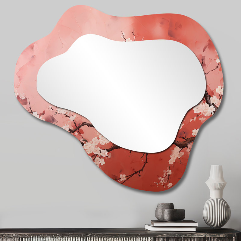 Arbre de fleurs de cerisier rose et blanc IV - Cerisier traditionnel en métal - Miroir mural asymétrique, 25 po x 28 po