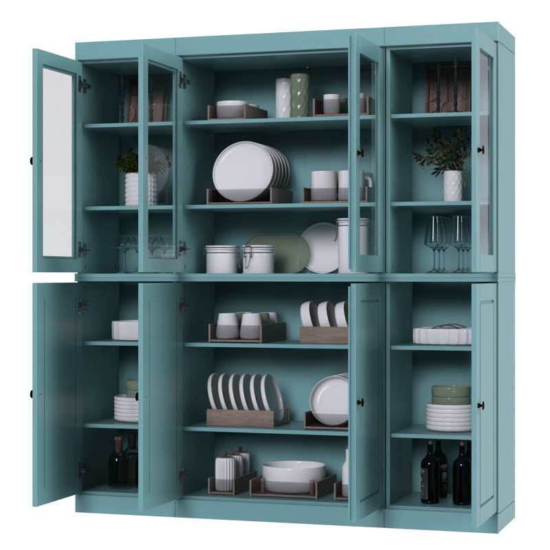 Grande armoire de cuisine en bois massif avec portes en verre Lodman, Turquoise