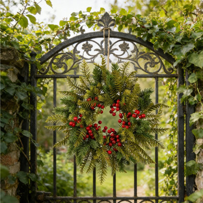 Outdoor Christmas Wreath, 15.7-Inch Christmas Wreath Outside Front Door, Farmhouse Indoor Winter Wreath Window, Red Berries, Evergreen Leaves