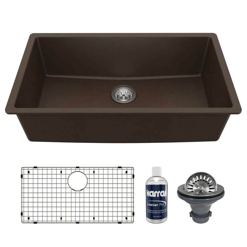 Karran Quartz 32-1/4'' X 19-1/4'' Large Single Bowl Undermount Kitchen Sink Kit, Brown