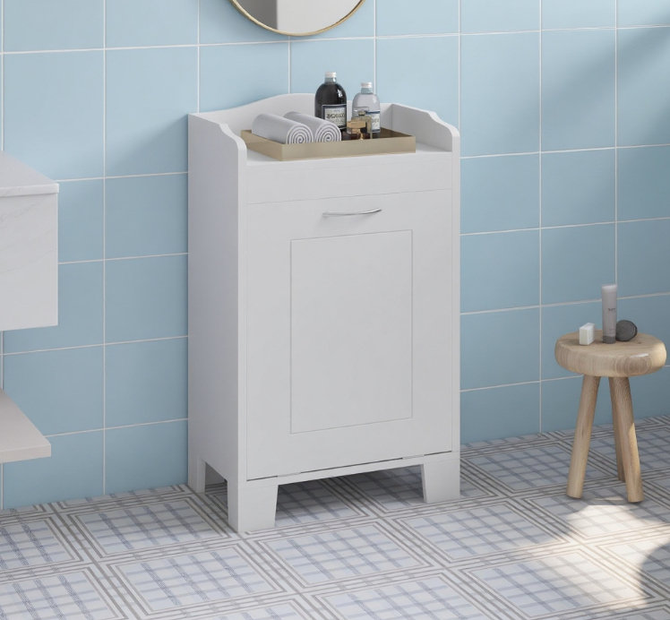 Armoire de rangement pour salle de bain en panneau de fibres à densité moyenne blanche 15,5 "avec panier à linge escamotable pour petits espaces, coins de salle de bain