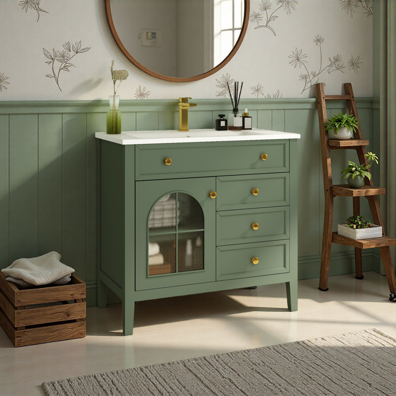 Lavabo de salle de bain 35,6 "Mid-Century avec verre à motif et bande lumineuse à capteur de mouvement, lavabo de salle de bain autoportant Farmhouse avec rangement