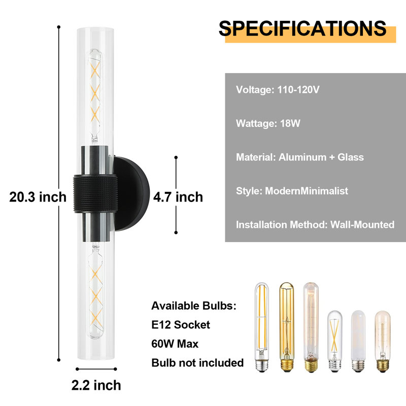 20.3" Black Wall Sconces Bathroom Lighting with Clear Glass, Hardwired Modern Wall Decor Light fixtures(Set of 2)
