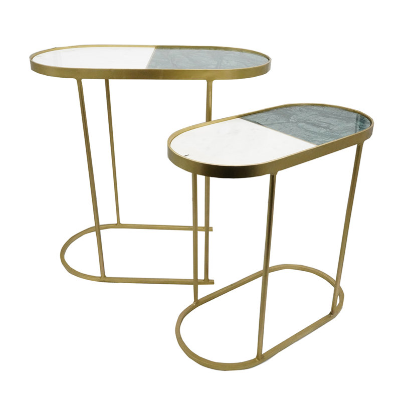 Iron Oval Nesting Tables with 2-Tone Inlay Marble Tops