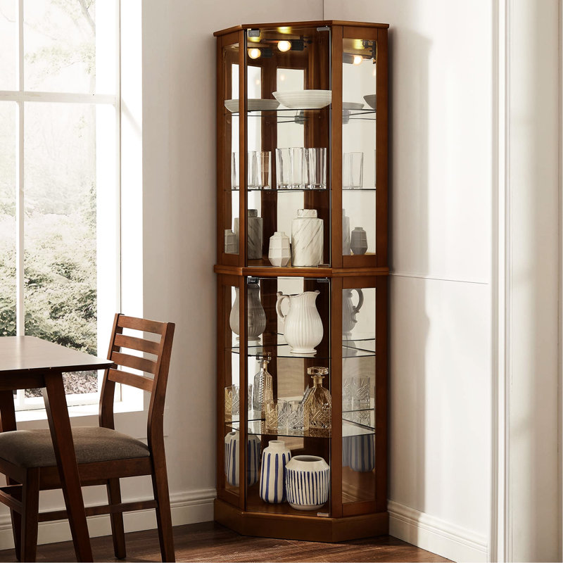 Lights & Mirrored Back 6 Shelf Cabinet, Walnut, Adjustable Exhibitcase 6-Shelf Curio Lights, Mirrored, Present, Walnut