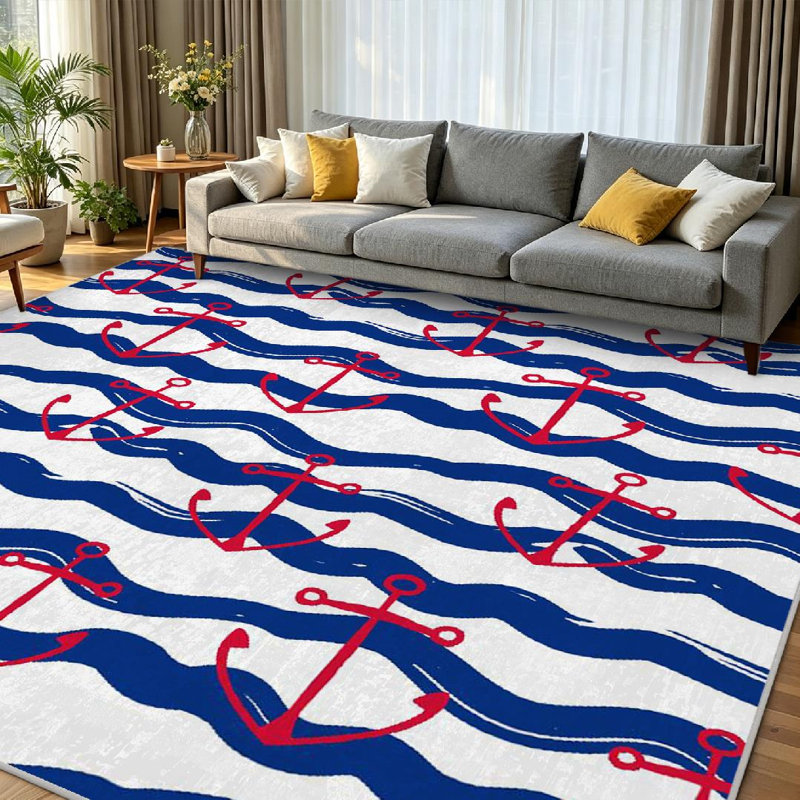 Tapis bleu marine bleu marine lavable à la machine avec ancre rouge, Rectangle 79 po x 118 po