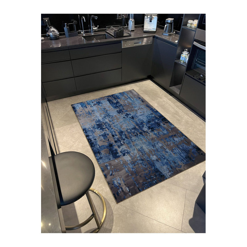Tapis décoratif moderne à motif abstrait bleu et gris lavable à la machine, Tapis de couloir 2 pi 6 po x 9 pi 10 po inclus