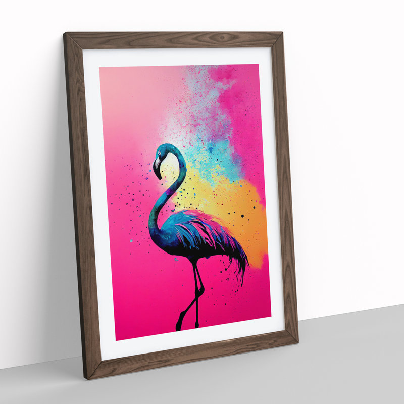 Flamingo Paint Splash No.3 - Single Picture Frame Painting, Walnut, 34cm H x 25cm W x 2cm D