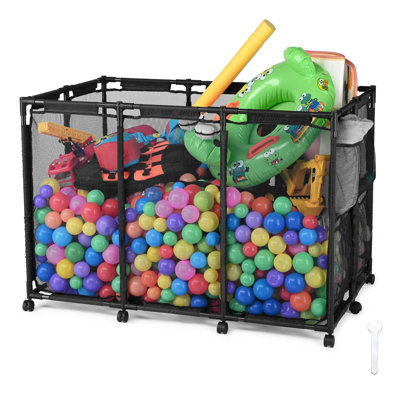 06PSB003_wfv Metal Frame 10 Wheels Rolling Mesh Pool Float Storage Bin with Side Pockets Blue