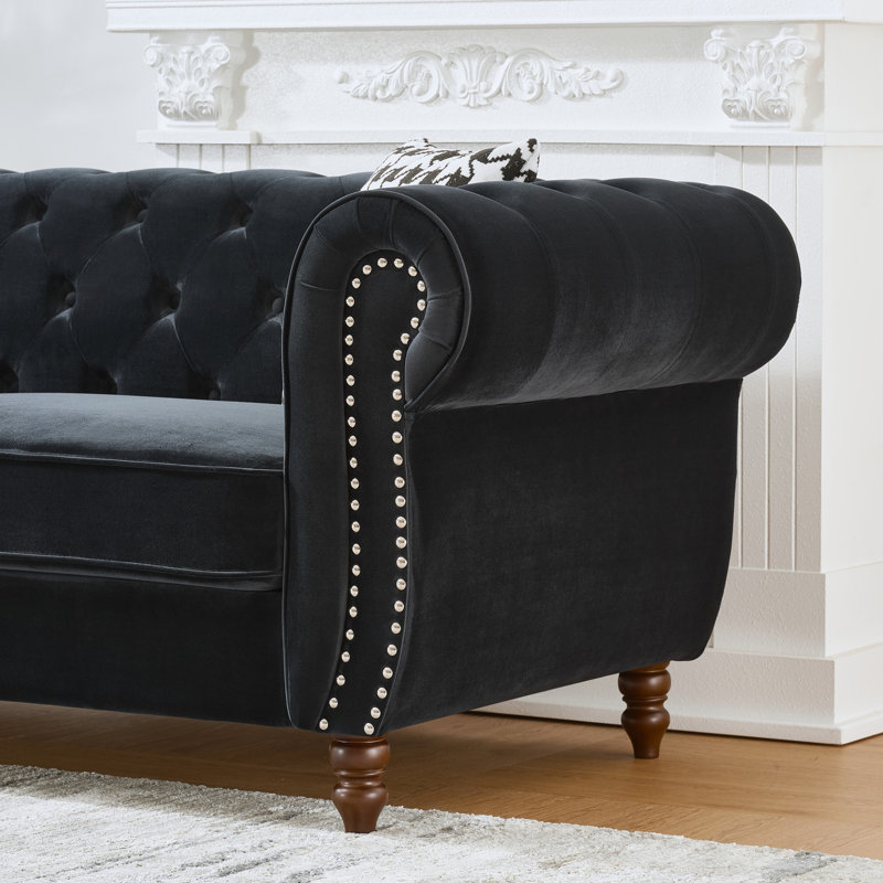 Canapé Chesterfield Velvet Upholstery, H 29 po x l 33 po x P 67 po, 2, Noir
