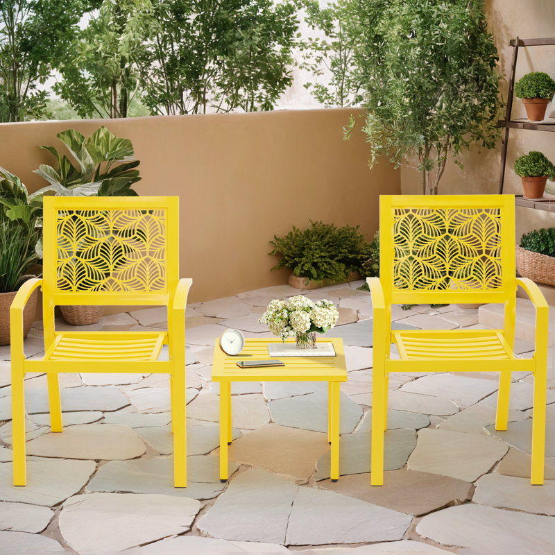 Outdoor Bistro Set 3 Piece Set - Comfortable Metal Patio Chairs And Small Table, Floral Back Design, Waterproof, Uv Resistant For Porch, Balcony, Garden, Backyard, Poolside