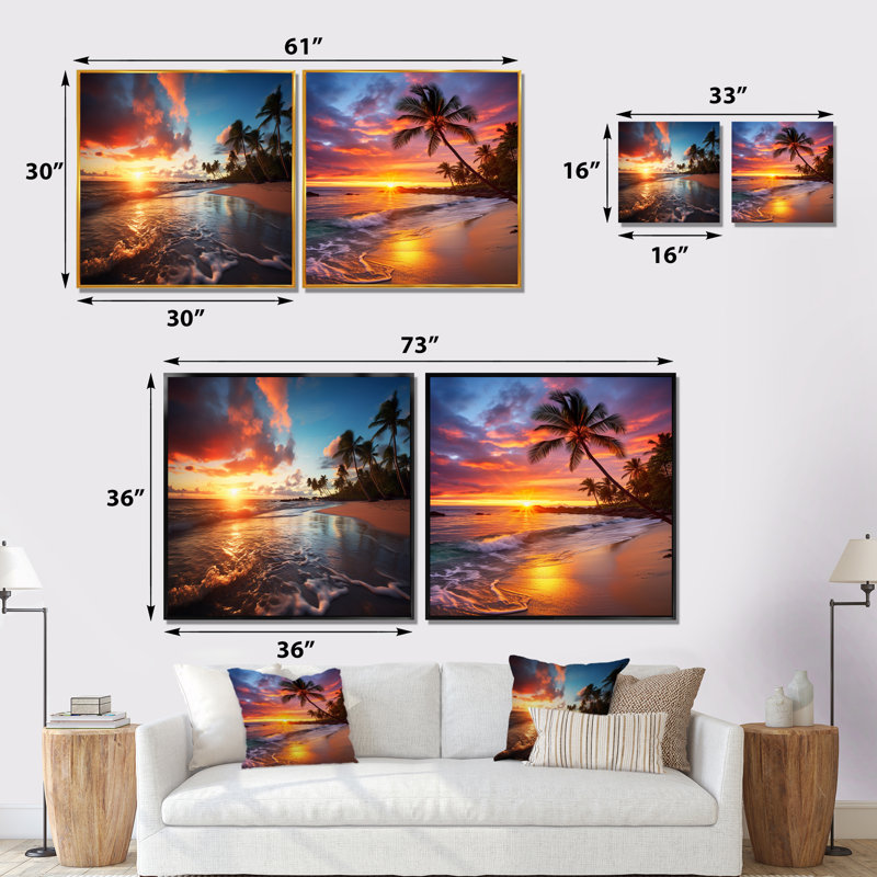 2 pièces sur toile - Beach Sunset Beach, Cadre flottant blanc, H 36 po x l 73 po