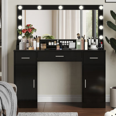 Bureau de coiffeuse avec grand miroir, 3 modes d'éclairage couleur, luminosité réglable, commode avec 3 tiroirs et 2 armoires verticales, coiffeuse pour femmes et filles
