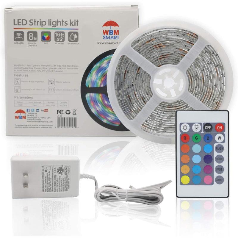 Bande lumineuse à DEL WBM pour chambre à coucher de 26 pi de long avec télécommande infrarouge