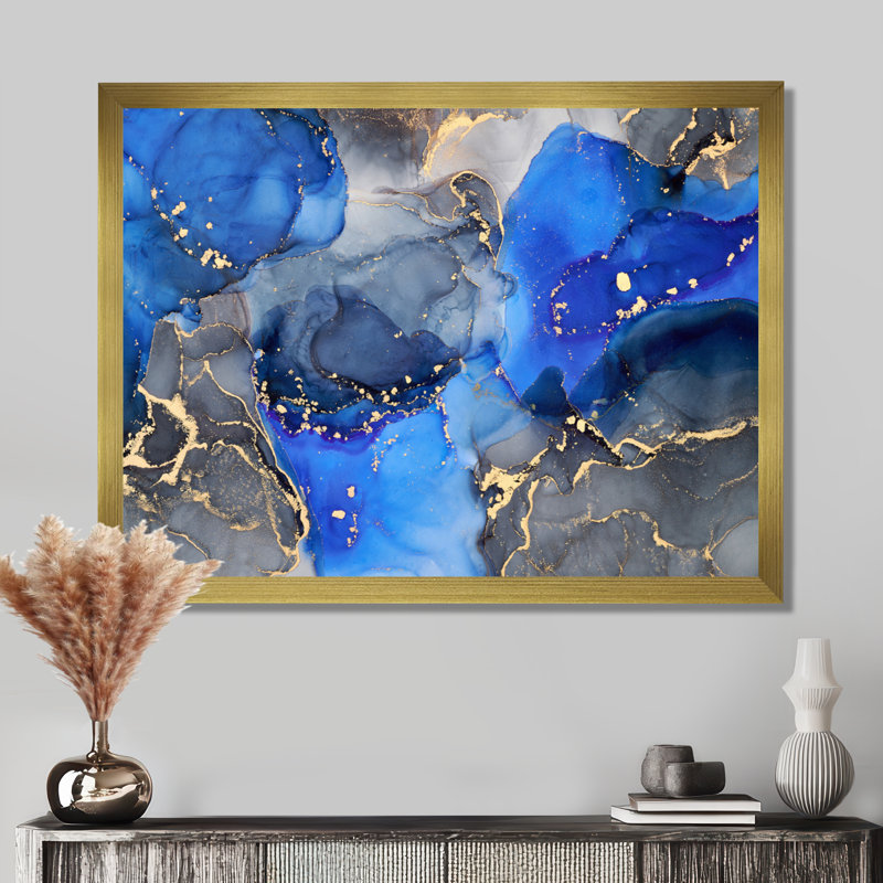 «Blue and Black Luxury Abstract Fluid Art I», reproduction d'art sur toile, H 24 po x l 32 po, Impression encadrée, Doré