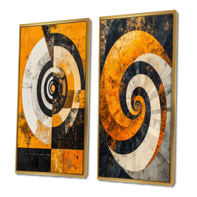 Vortex géométrique en spirale I - ensemble d'art mural géométrique 2 pièces, Cadre flottant doré, H 32 po x l 32 po