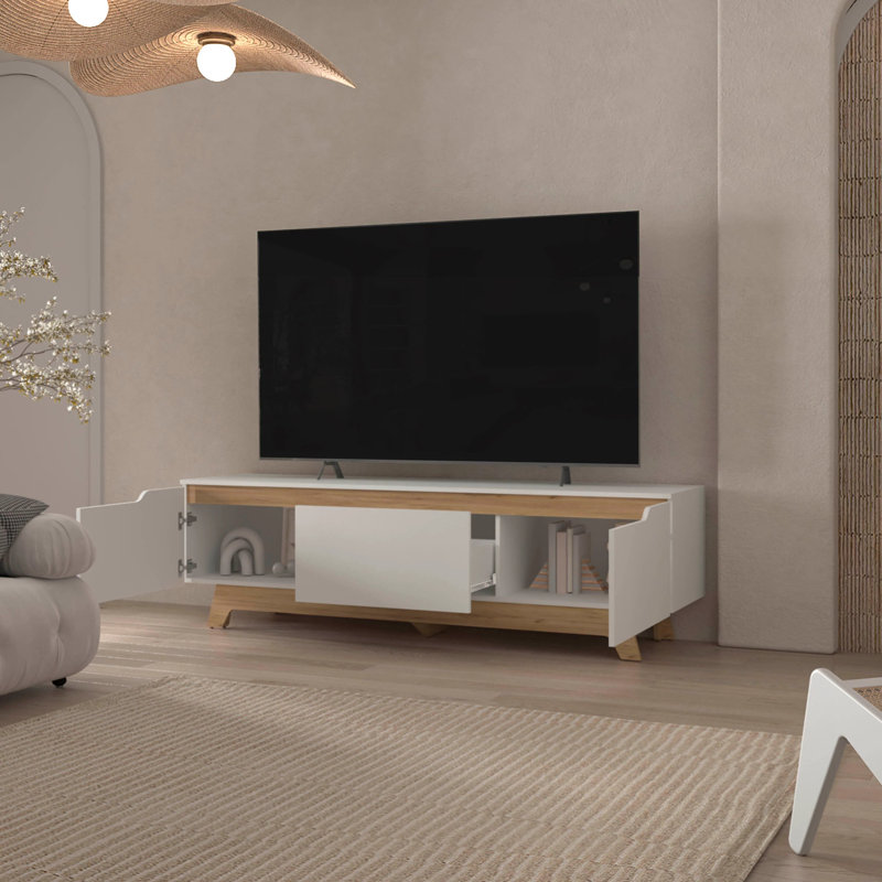 Meuble audio-vidéo blanc et chêne naturel avec 2 portes
