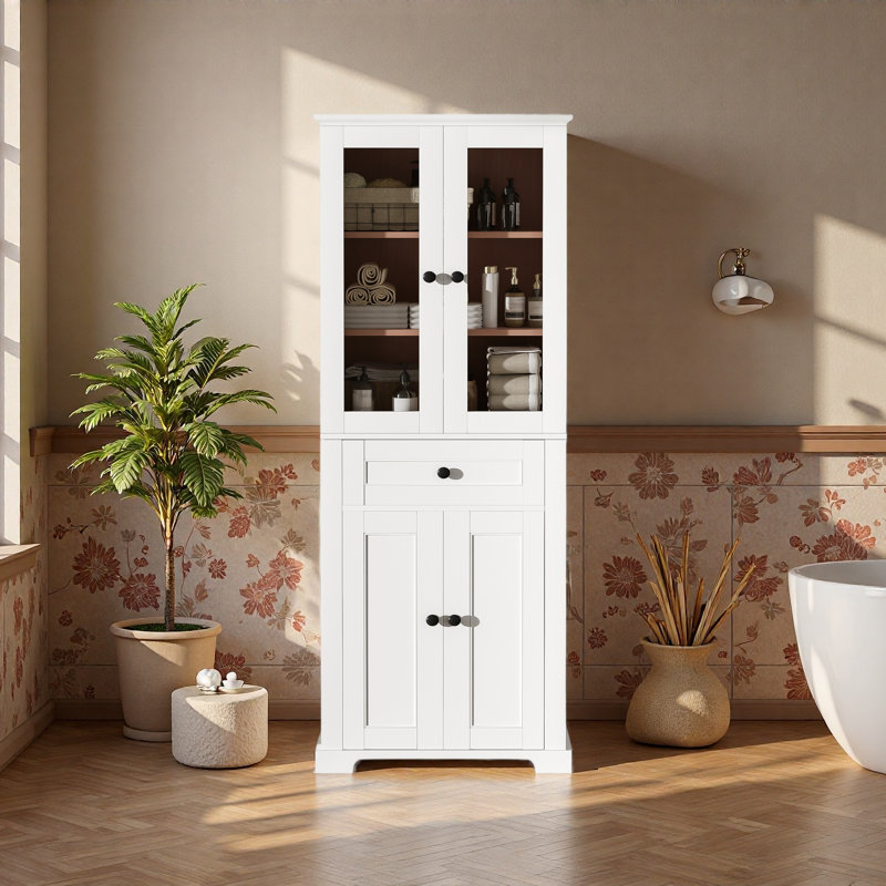 Tall Bathroom Storage Cabinet With Tempered Glass Doors, Adjustable Shelves & Drawer – Modern Freestanding Linen Tower, Soft-Close Design