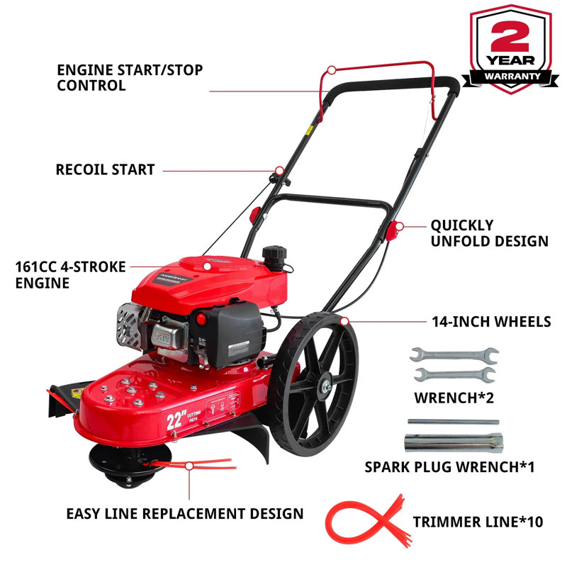 Powersmart 22" High-Wheeled Gas Trimmer, 161Cc, 4-Cycle Gas Walk Behind String Trimmer