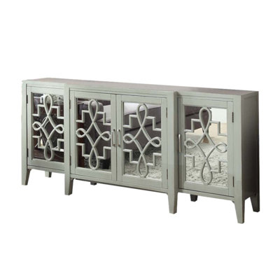 Console Kacia avec 4 portes et tablettes, finition ornementale en panneau de fibres à densité moyenne grise, structure en bois durable, rangement polyvalent pour la décoration intérieure