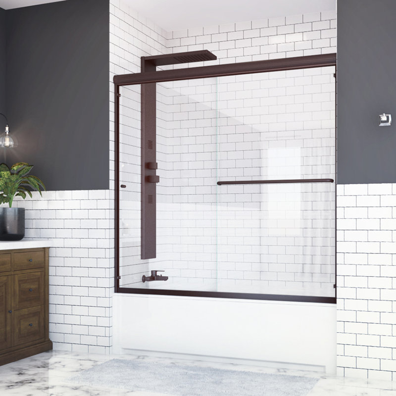 Distinctive 60in. W x 58.5in. H Sliding Bypass Semi-Frameless Tub Door in Oil Rubbed Bronze w/ 1/4 in. Thick Clear Glass
