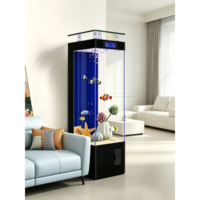Modern Minimalist Wood Glass Fish Tank, Tall Vertical Ultra Clear Glass Standing Aquarium With Filtration Cabinet For Living Room Partition