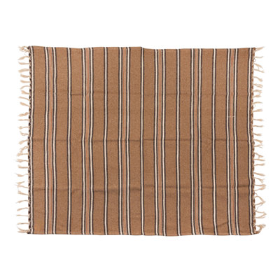 Cotton Blend Throw With Stripes And Fringe