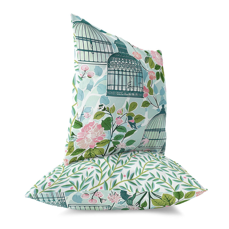 Coussin décoratif intérieur / extérieur Blossoming Birdhouse, Vert/rose, H 18 po x l 18 po