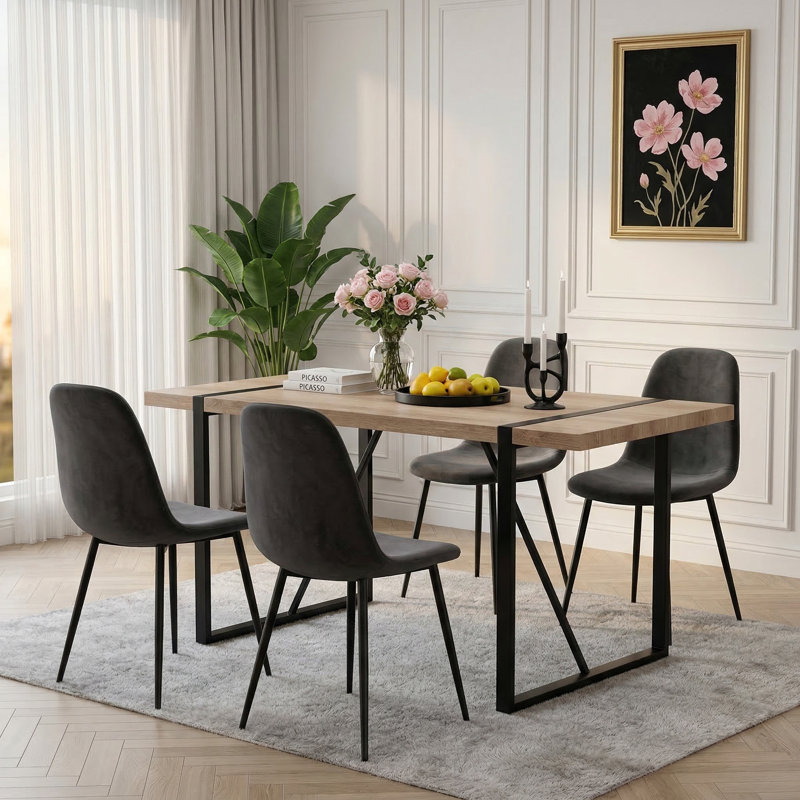 5-Piece Rustic Industrial Dining Table Set, 55.1" Rectangular Wood Kitchen Table with 4 Upholstered Chairs, Metal Legs, for Home Kitchen & Dining Room