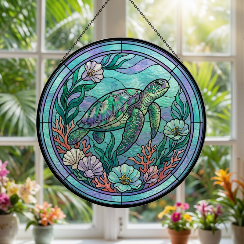 Panneau de vitrail de tortue de mer ， 7,8H, H 7,8 po