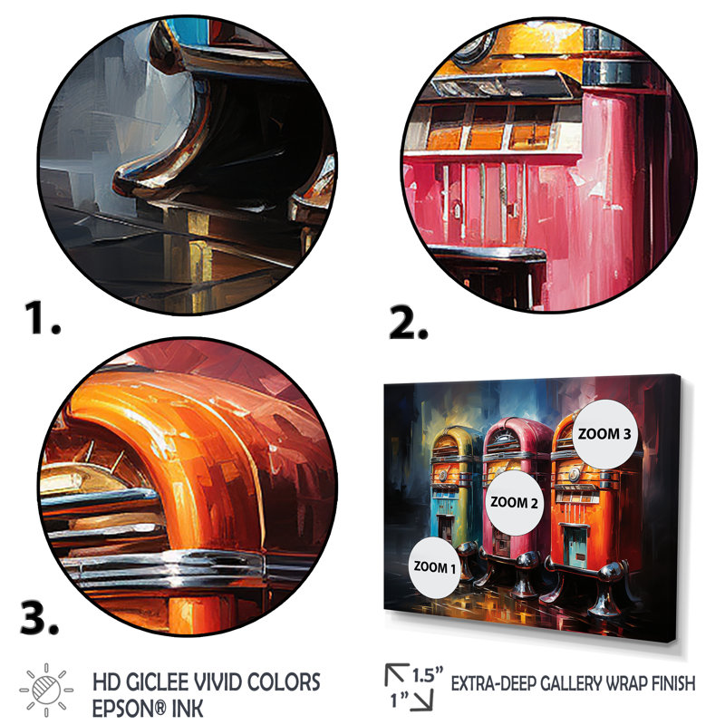 Coloful Modern Jukebox Jams 2 - Jukeboxes, art mural, Cadre flottant doré, H 12 po x l 20 po x P 1 po