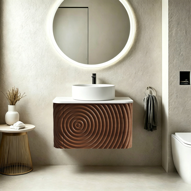 Ensemble de meuble-lavabo mural, lavabo flottant avec lavabo rond en céramique, ensemble de meuble-lavabo texturé à ondulation d'eau pour les petits espaces, peu encombrant