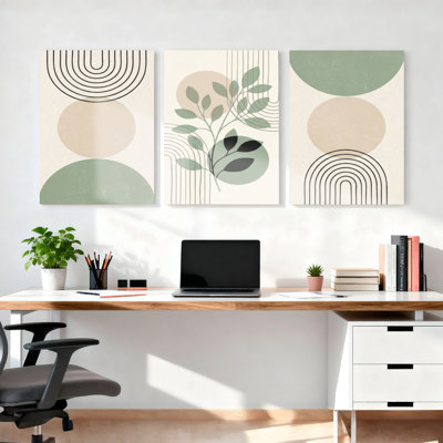 Abstract Geometric And Botanical Pattern Canvas Wrapped Wall Art Oil Painting Print Set Of 3 For Living Room Bedroom Or Office Decor