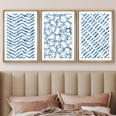 " Blue Watercolor Polygon Geometry Abstract Shapes Geometric Mid Century Modern Art Boho Decor " 3 - Pieces on