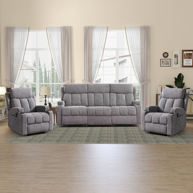 Ensemble de salon inclinable en microsuède 3 pièces avec massage et chauffage, Gris clair