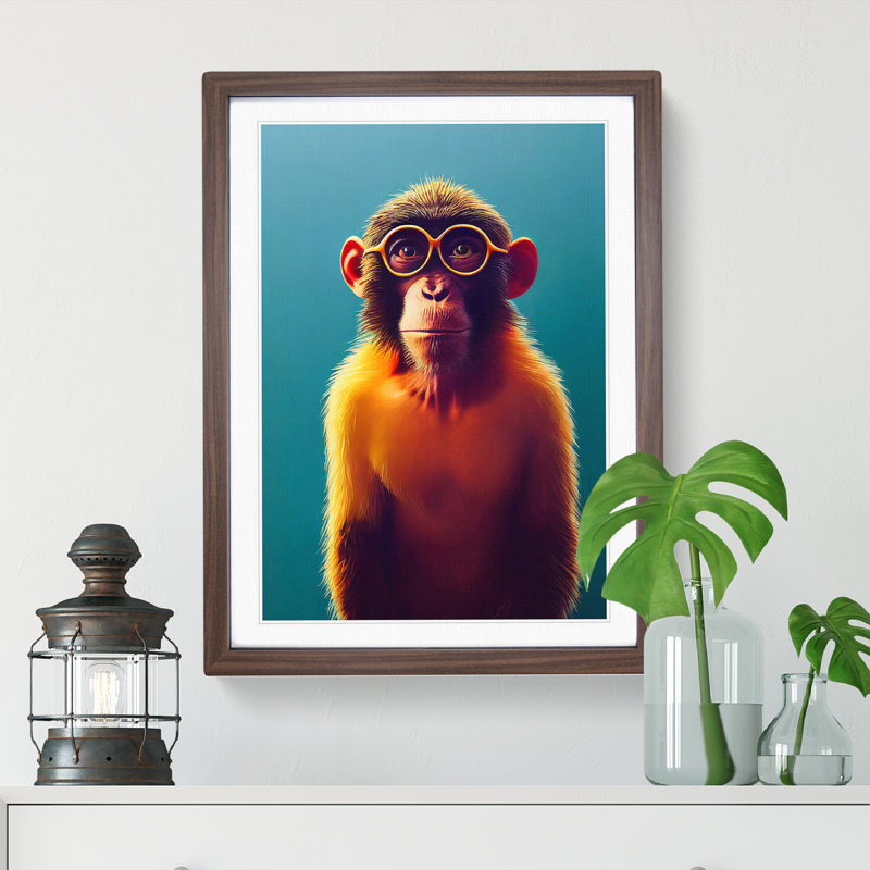 Brainy Monkey - Wall Art, 36cm H x 27cm W x 2cm D, Walnut Framed, White