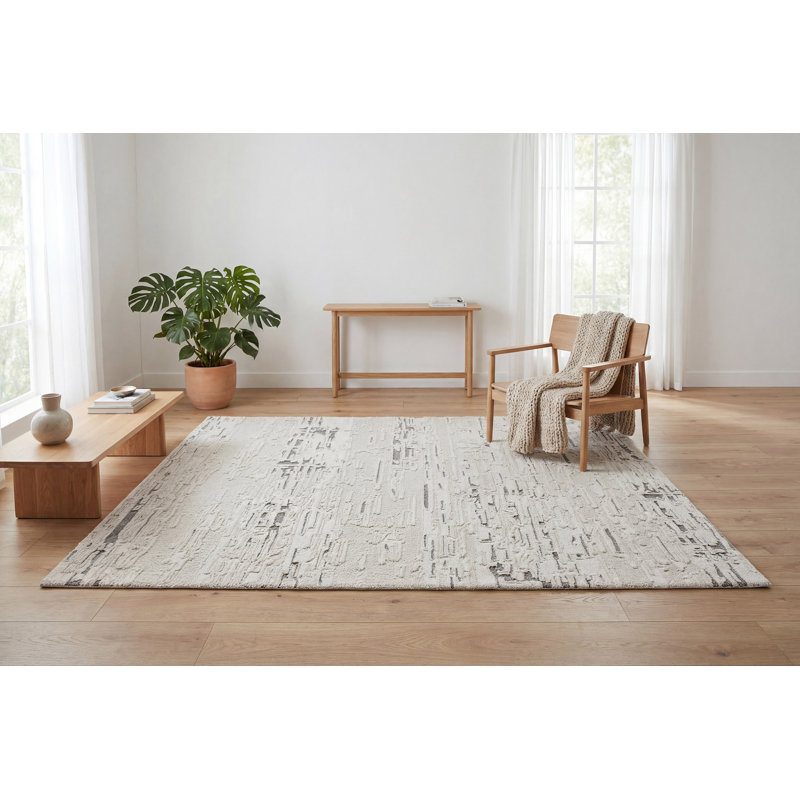 Tapis en laine tissé à la main à motif abstrait en ivoire / argent, Rectangle 9 pi x 12 pi
