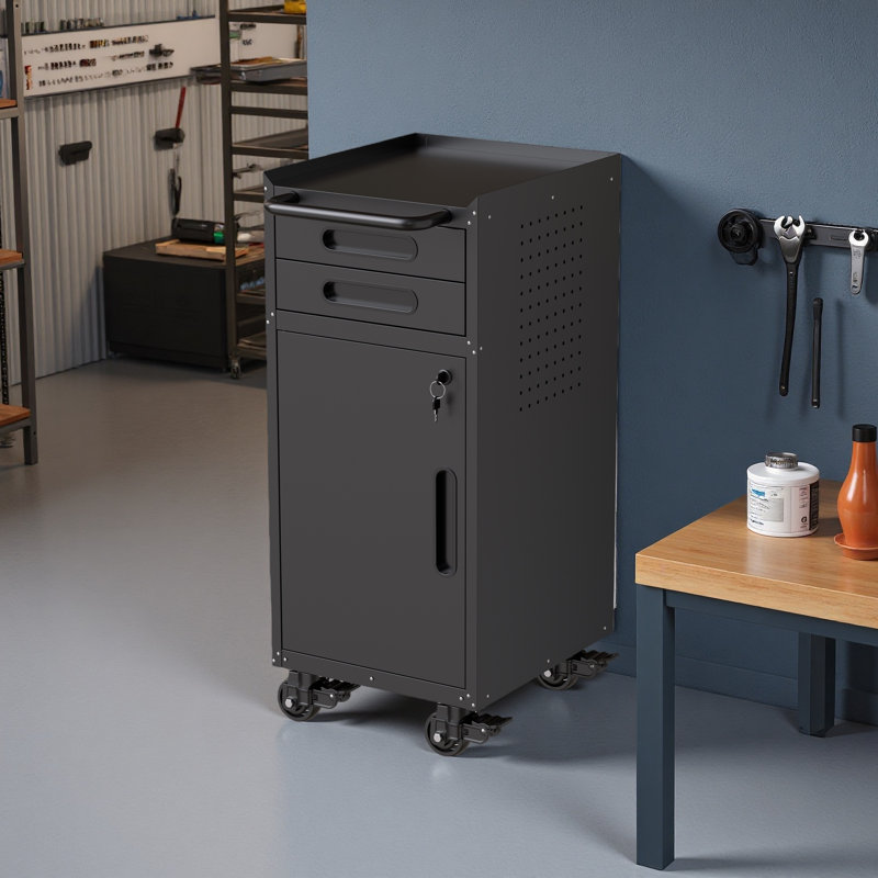 34.3" Narrow Rolling Tool Cabinet - Space-Saving Garage Storage With Lockable Door, 2 Drawers And Large Handle, Slim Metal Organizer For Tight Spaces