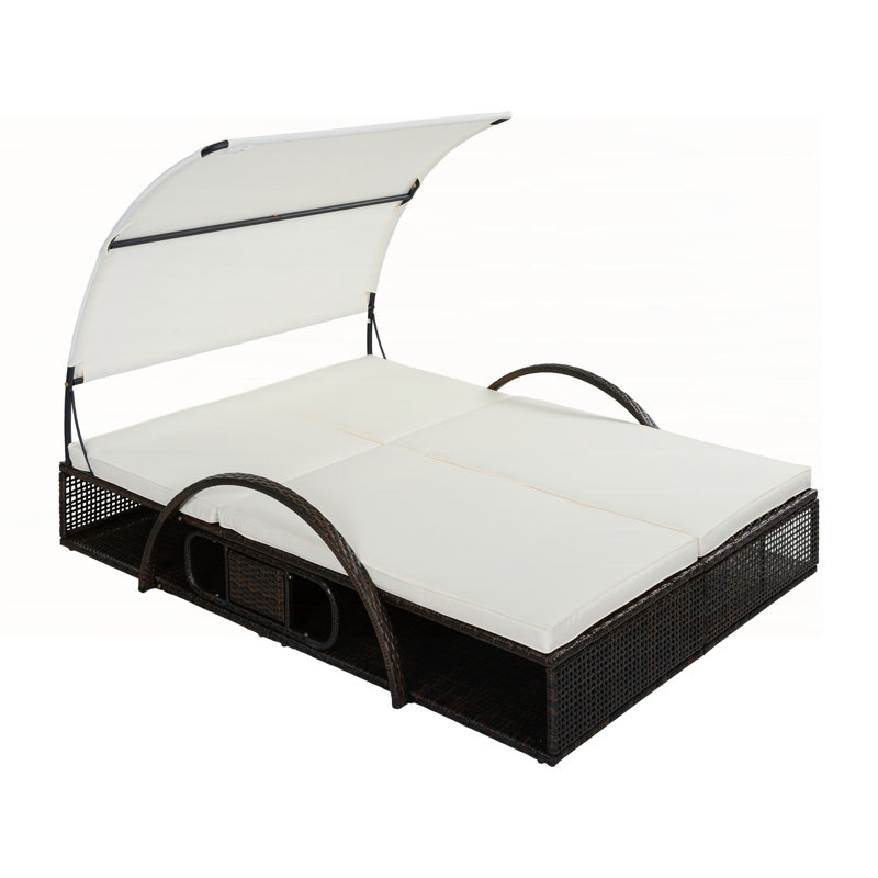 Chaise longue d'extérieur en acier avec dossier réglable, lit double de patio avec table d'appoint cachée et accoudoirs arqués, convient pour la terrasse de la piscine, le jardin et la cour