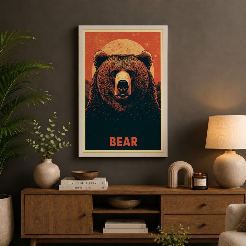 Bold Bear Retro 1 Piece Wrapped Canvas Wall Art, 18x12 - 45.7 x 30.5 cm, Terracotta Border
