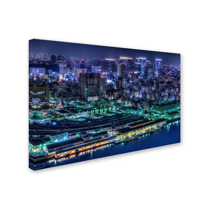 Tokyo Cityscape Framed Canvas Art in Blue and Green