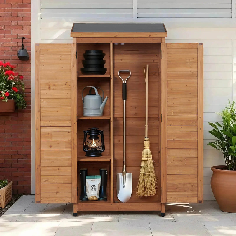 Outdoor Vertical Wooden Storage Shed with Metal Roof - 3-Tier Removable Shelves, Farmhouse Design Tool Cabinet for Garden, Patio & Lawn