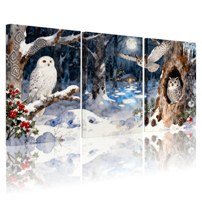 Ensemble de 3 impressions sur toile de Noël, hibou enneigé et forêt au clair de lune