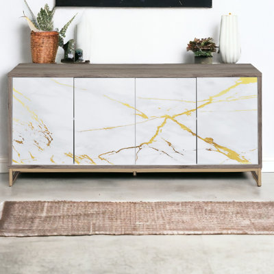 Console Cabinet With White Marble Paint And - Practical Shelves Functional Interior Storage